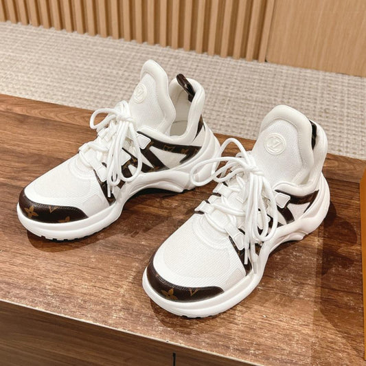 LV ARCHLIGHT SNEAKER IN WHITE CANVAS AND CHOCOLATE BROWN MONOGRAM CALFSKIN